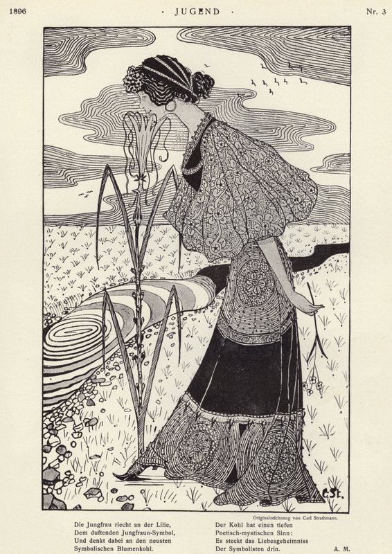 Žena vonící květina (litho) od Carl Strathmann