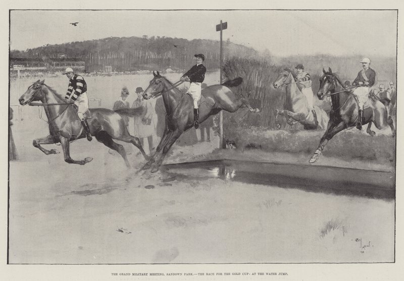 Velké vojenské setkání, Sandown Park, dostih o Zlatý pohár, na skokanském můstku. od Cecil Charles Windsor Aldin