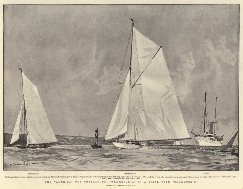 The America Cup Challenger, Shamrock II v procesu s Shamrock I od Charles Edward Dixon