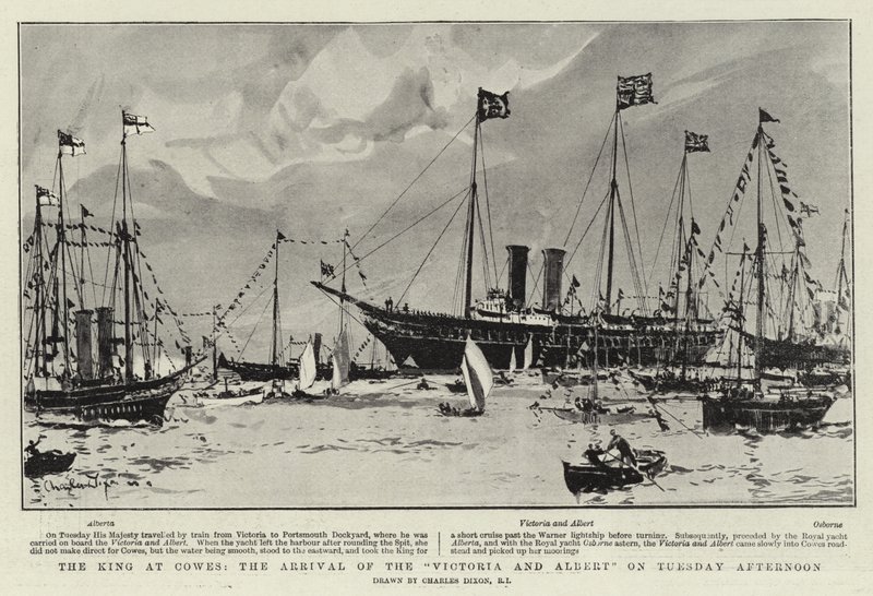 Král v Cowes, příjezd Victorie a Alberta v úterý odpoledne od Charles Edward Dixon