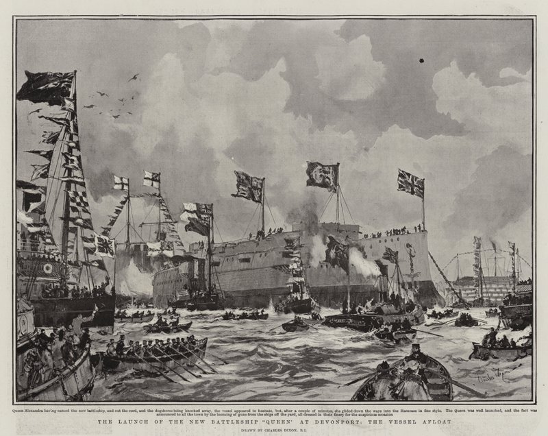 Start nové bitevní lodi Queen v Devonportu, plavidlo Afloat od Charles Edward Dixon