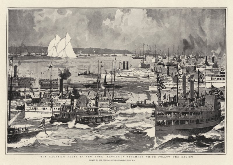 Yachting Fever v New Yorku, výletní parníky, které následují po závodech od Charles Edward Dixon