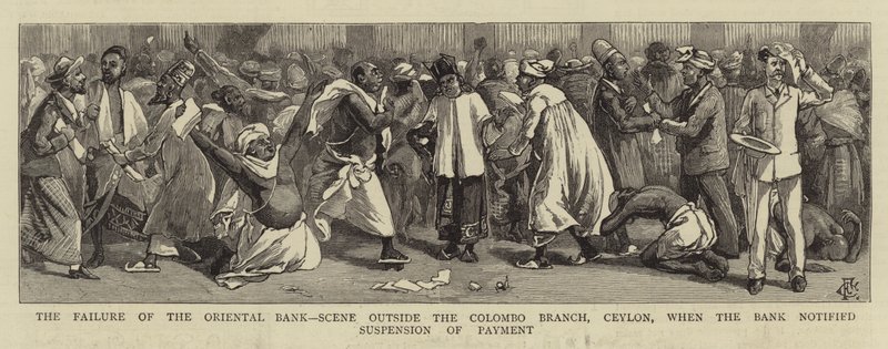 Selhání orientální banky, scéna mimo pobočku Colombo, Cejlon, když banka oznámila pozastavení platby od Charles Edwin Fripp