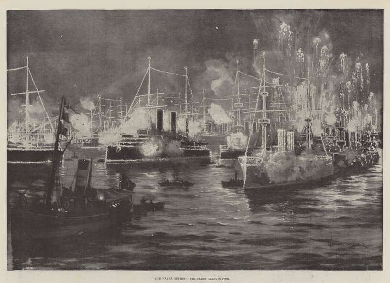 The Naval Review, osvětlená litografie flotily od Charles John de Lacy