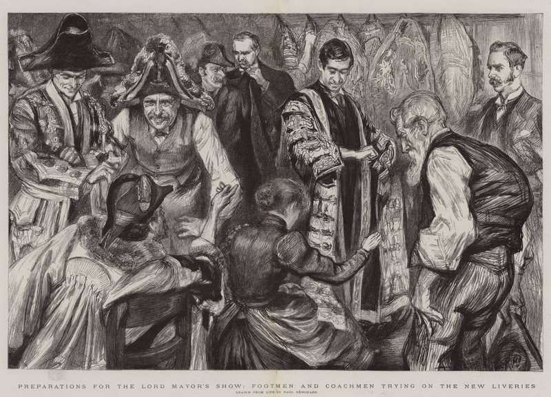 Přípravy na přehlídku lorda starosty, lokajové a kočí si zkoušejí nové livreje od Charles Paul Renouard