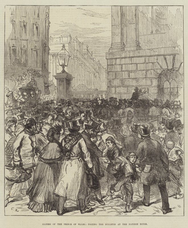 Nemoc prince z Walesu, vyvěšování Bulletinu v Mansion House od Sir John Charles Robinson