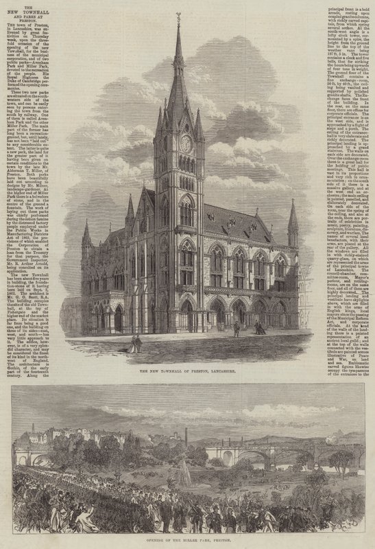 New Townhall a parky v Prestonu od Sir John Charles Robinson