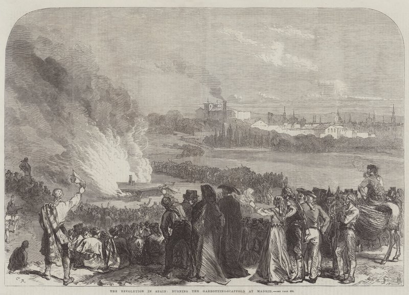 Revoluce ve Španělsku, spálení Garrotting-Scaffold v Madridu od Sir John Charles Robinson