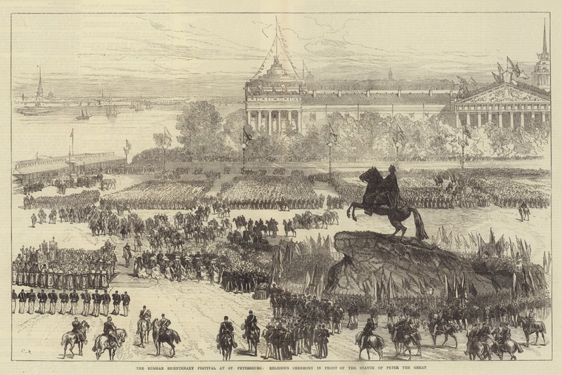 Ruský festival dvoustého výročí v Petrohradě, náboženský obřad před sochou Petra Velikého od Sir John Charles Robinson