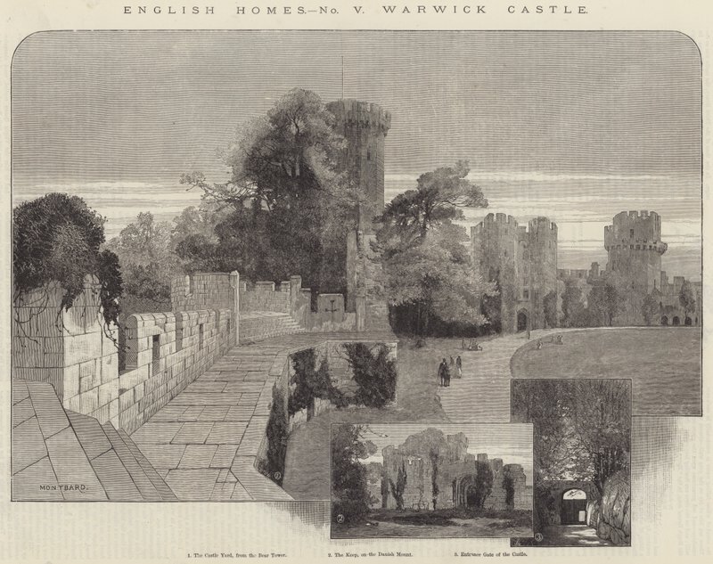 English Homes, rytina hradu Warwick od Charles Auguste Loye