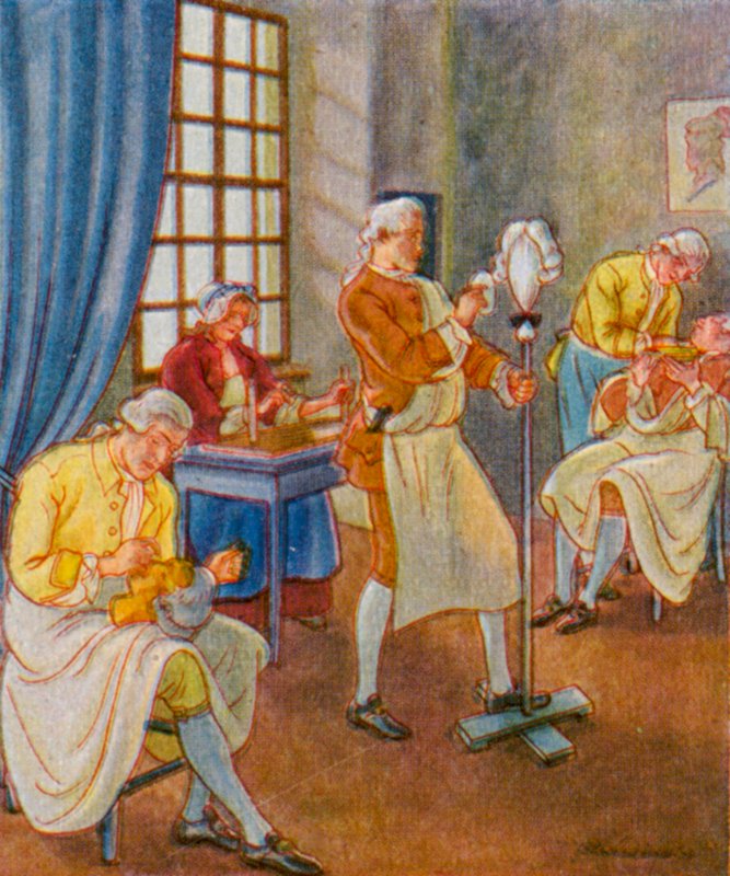 Peruckenmacher / Výrobce paruk (barevná litografie) od Christophe (1856 1945)
