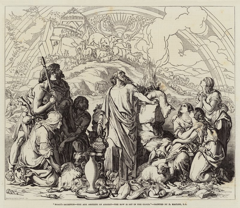 Noemova oběť, archa spočívá na Araratu, luk je zasazen do oblaku od Daniel Maclise
