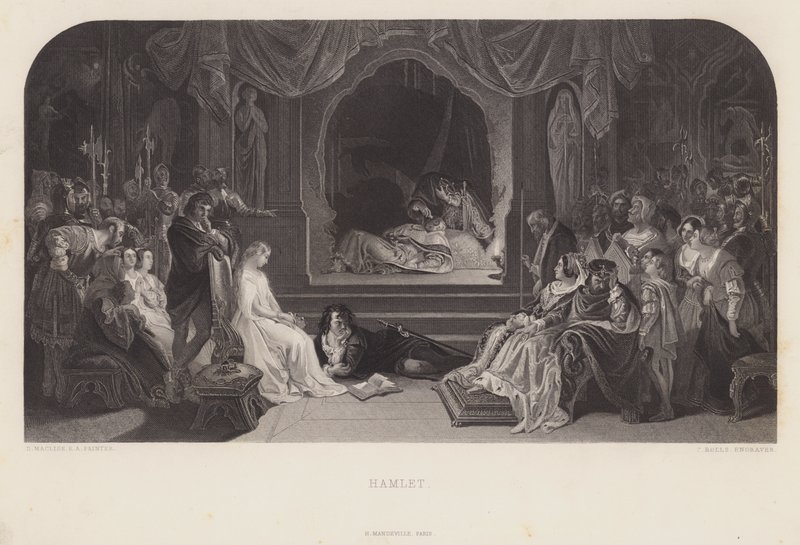 Hrací scéna v Hamletovi (rytina) od Daniel (after) Maclise
