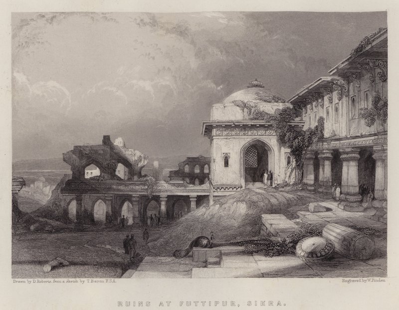 Ruiny ve Futtipur, Sikra (barva litho) od David (after) Roberts