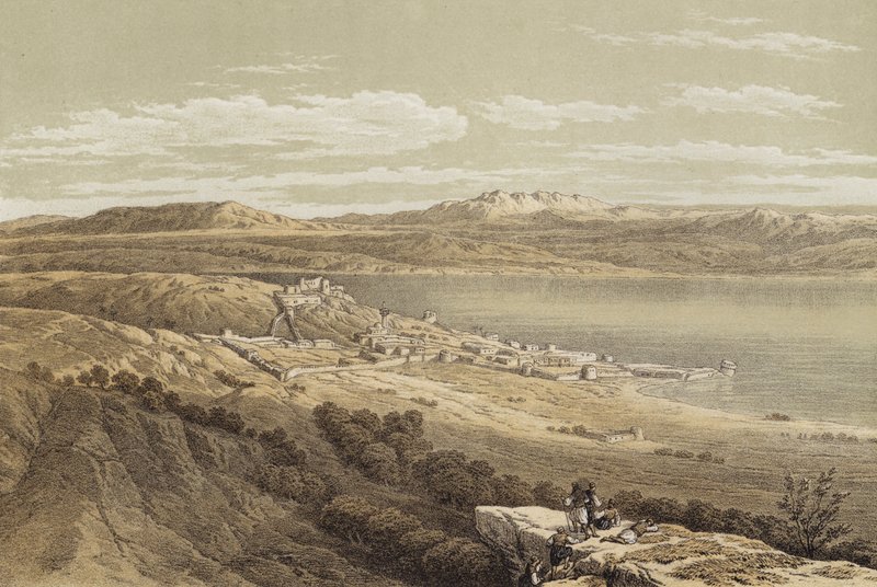 Tiberias při pohledu na Hermon (barva litho) od David (after) Roberts