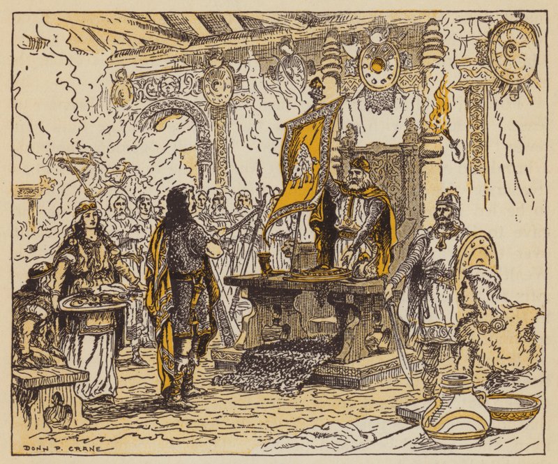 Král odměňující Beowulfa (barva litho) od Donn P. Crane