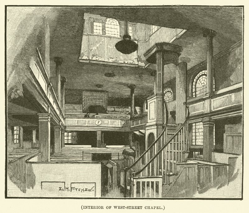 Interiér kaple West-Street Chapel (rytina) od E.H. Fitchew