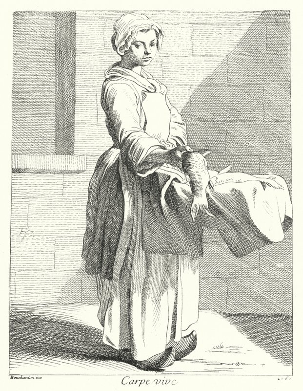 Prodejce ryb (rytina) od Edmé (after) Bouchardon