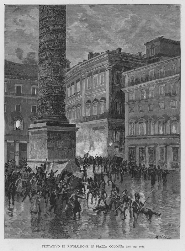 Pokus o revoluci na Piazza Colonna (rytina) od Edouardo Matania
