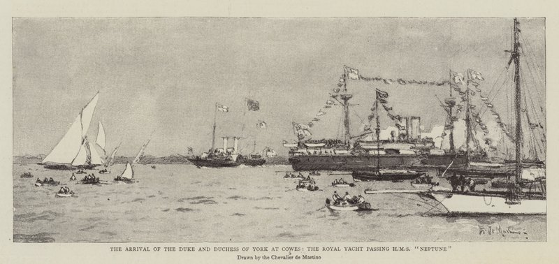 Příjezd vévody a vévodkyně z Yorku do Cowes, královská jachta kolem HMS Neptun od Eduardo de Martino
