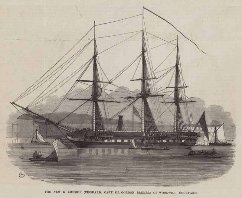 The New Guardship (Fisguard, kapitán Sir Gordon Bremer) z Woolwich Dockyard od Edwin Weedon