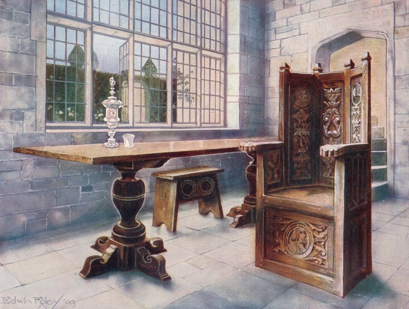 Dubový kozlíkový stůl. Židle „Hostitelů dolů“. od Edwin John Foley