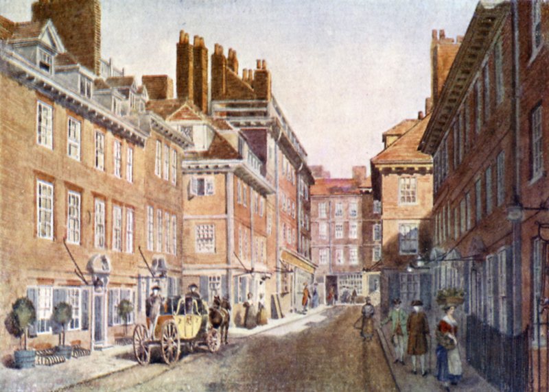 Beaufort Buildings v roce 1704, následně strženy, když byl postaven Savoy Hotel a Savoy Theatre od English School