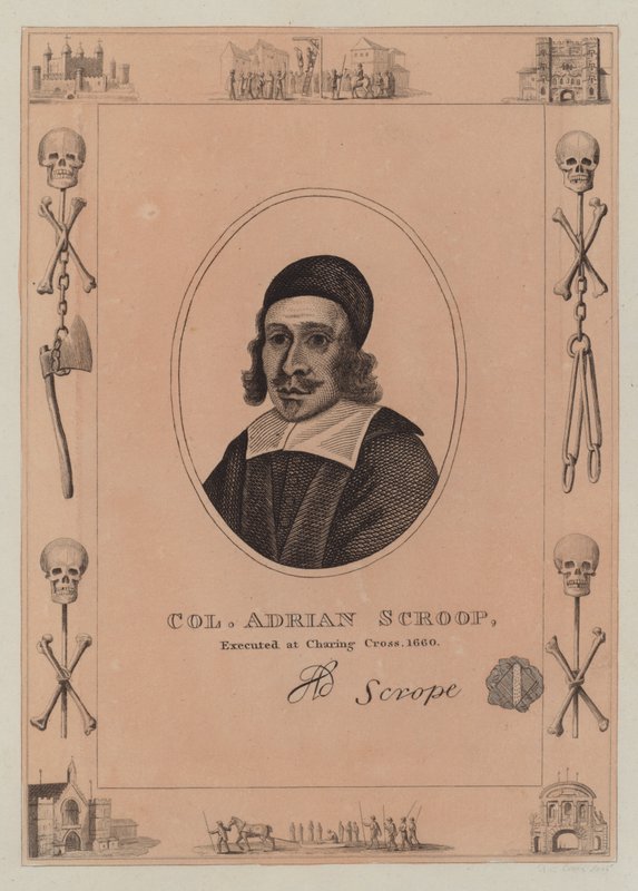 Plukovník Adrian Scroop, popraven v Charing Cross, 1660 od English School
