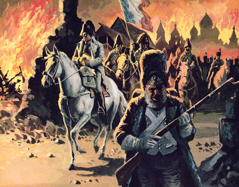 Napoleon projíždějící Moskvou v plamenech od English School