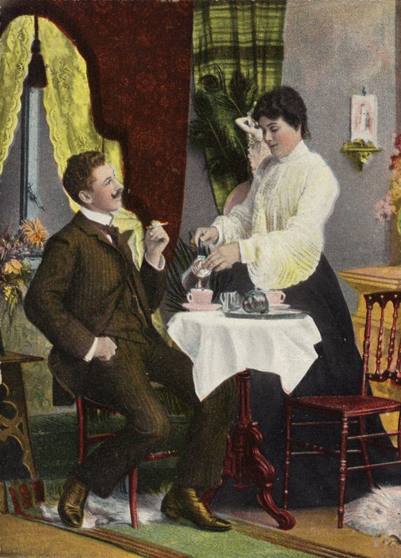 Pár spolu pije čaj (chromolitho) od English Photographer