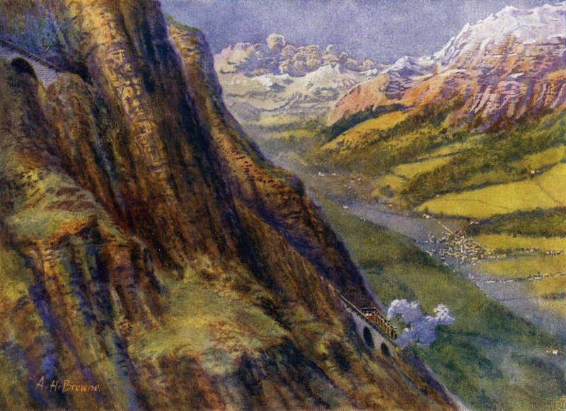 Horská železnice ve Švýcarsku (litho) od English School