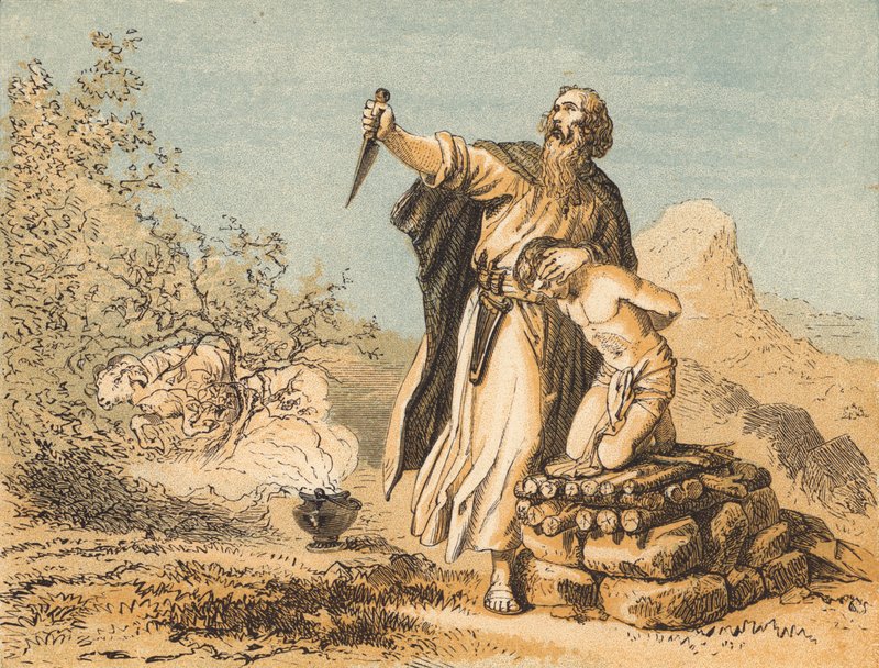 Abraham obětuje Izáka (barevná rytina) od English School