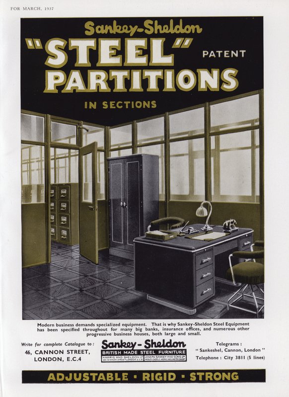 Reklama na ocelové příčky Sankey-Sheldon, 1937 od English School