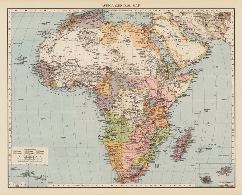 Afrika, Všeobecná mapa (barevná litografie) od English School