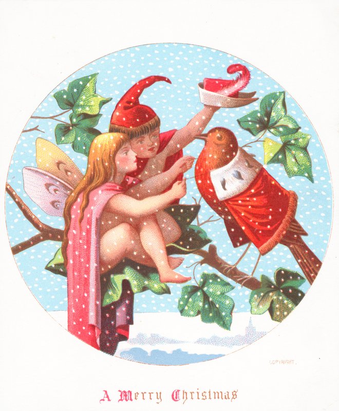 Angel and Elf dressing Robin, Christmas Card od English School