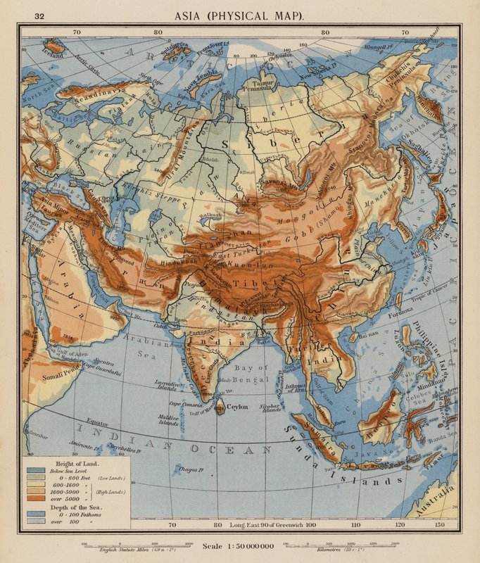 Asie, fyzická mapa (barevná litografie) od English School