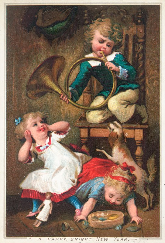 Chlapec troubí na roh, novoroční přání od English School