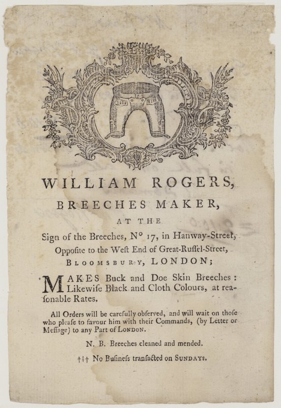 Breeches Makers, William Rogers, vizitka od English School