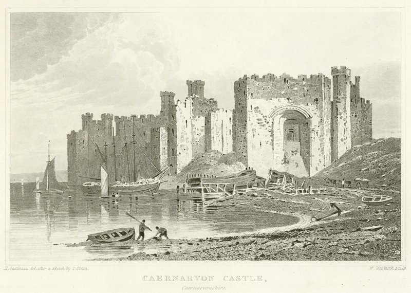 Hrad Caernarvon, Caernarvonshire (rytina) od English School