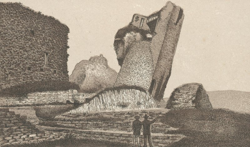 Hrad Caerphilly, šikmá věž (litho) od English School