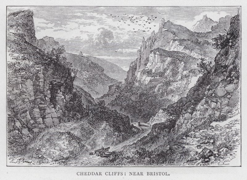 Cheddar Cliffs, poblíž Bristolu (rytina) od English School