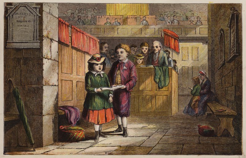 Děti v kostele (barevná rytina) od English School