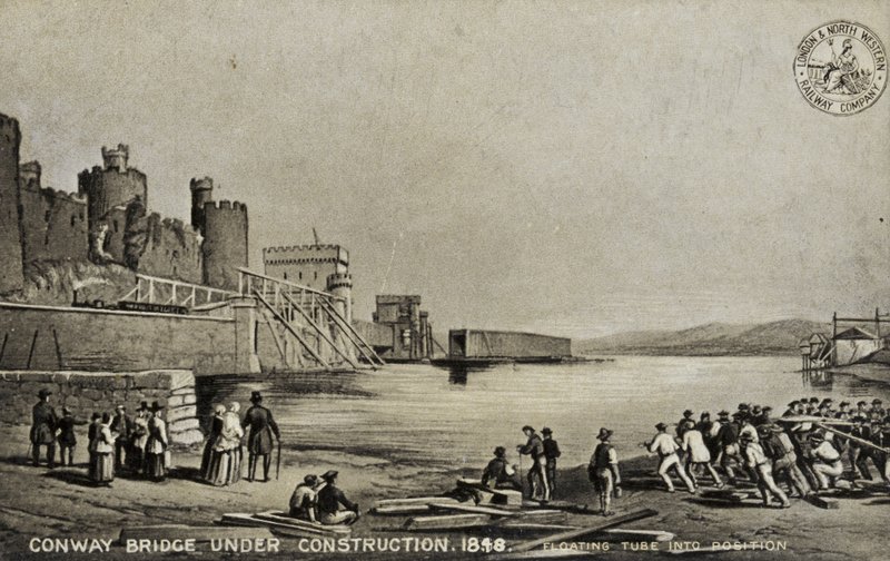 Conway Bridge ve výstavbě, 1848 od English School