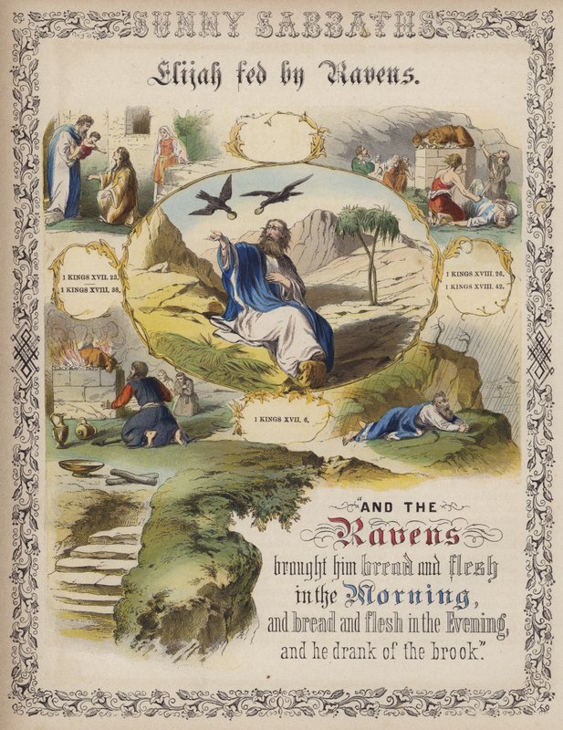 Eliáš krmený havrany (barevná rytina) od English School