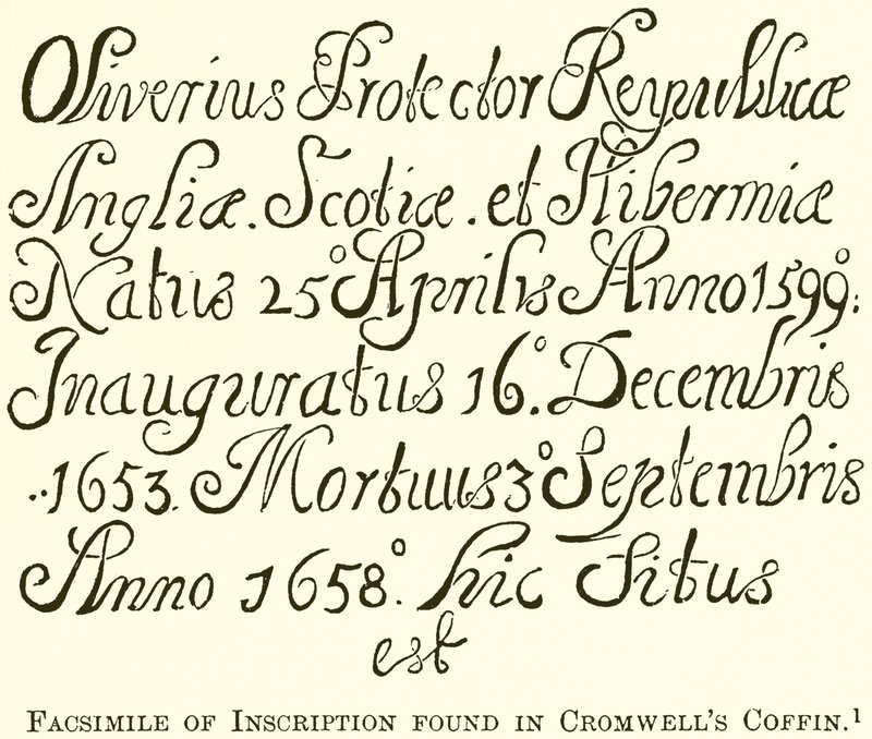 Faksimile nápisu nalezená v Cromwells Coffin od English School