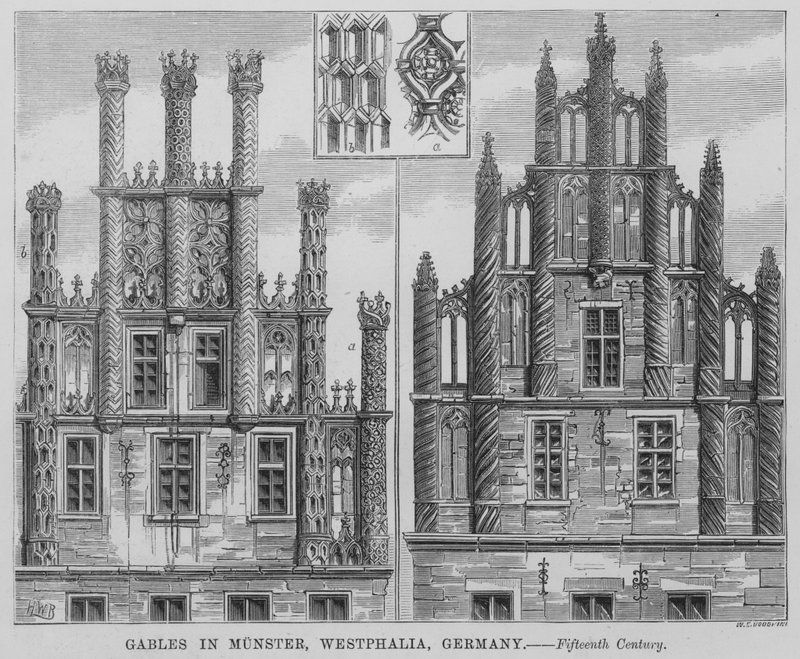 Gables v Munster, Westphalia, Německo (rytina) od English School