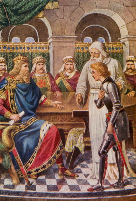 Galahad na dvoře krále Artuše (barevná litografie) od English School