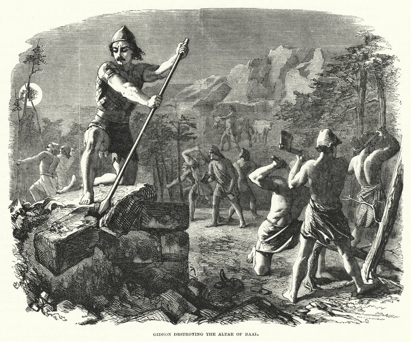 Gideon ničí Baalův oltář (rytina) od English School