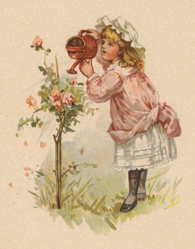 Dívka zalévá růže (chromolitho) od English School
