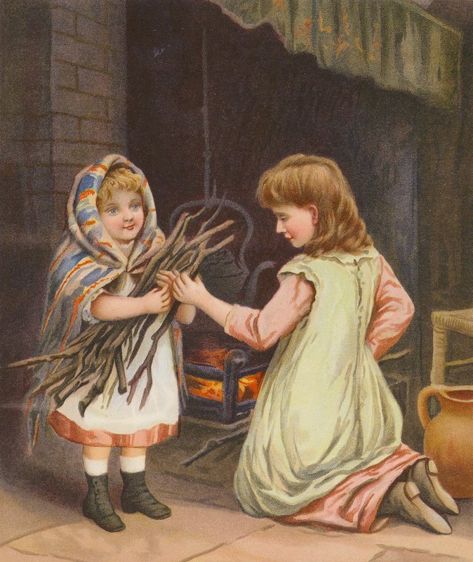 Dívky přikládají dřevo do ohně (chromolit) od English School